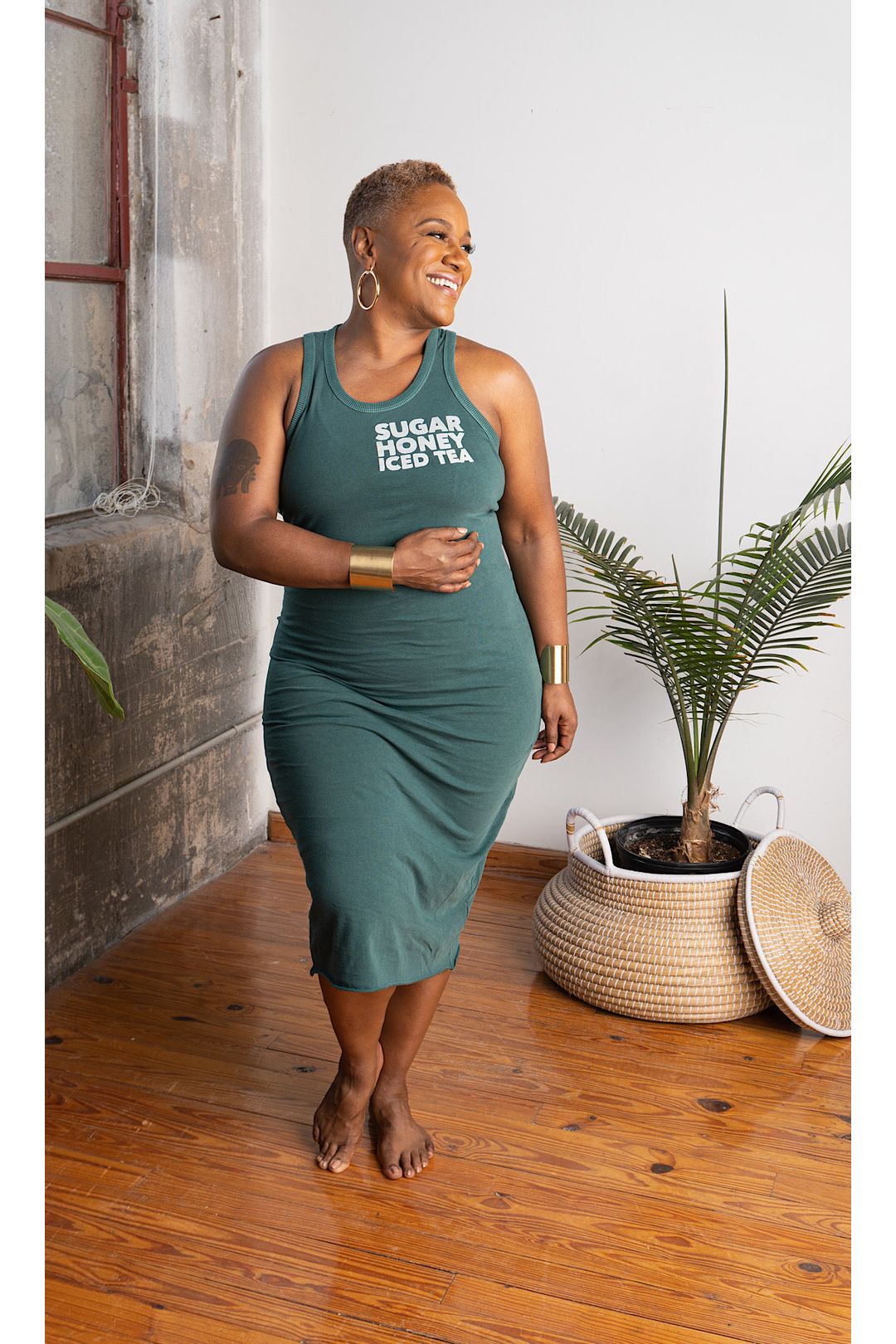 Sugar Honey Iced Tea Tank Midi Dress (Slightly distressed font on the front) sold as is