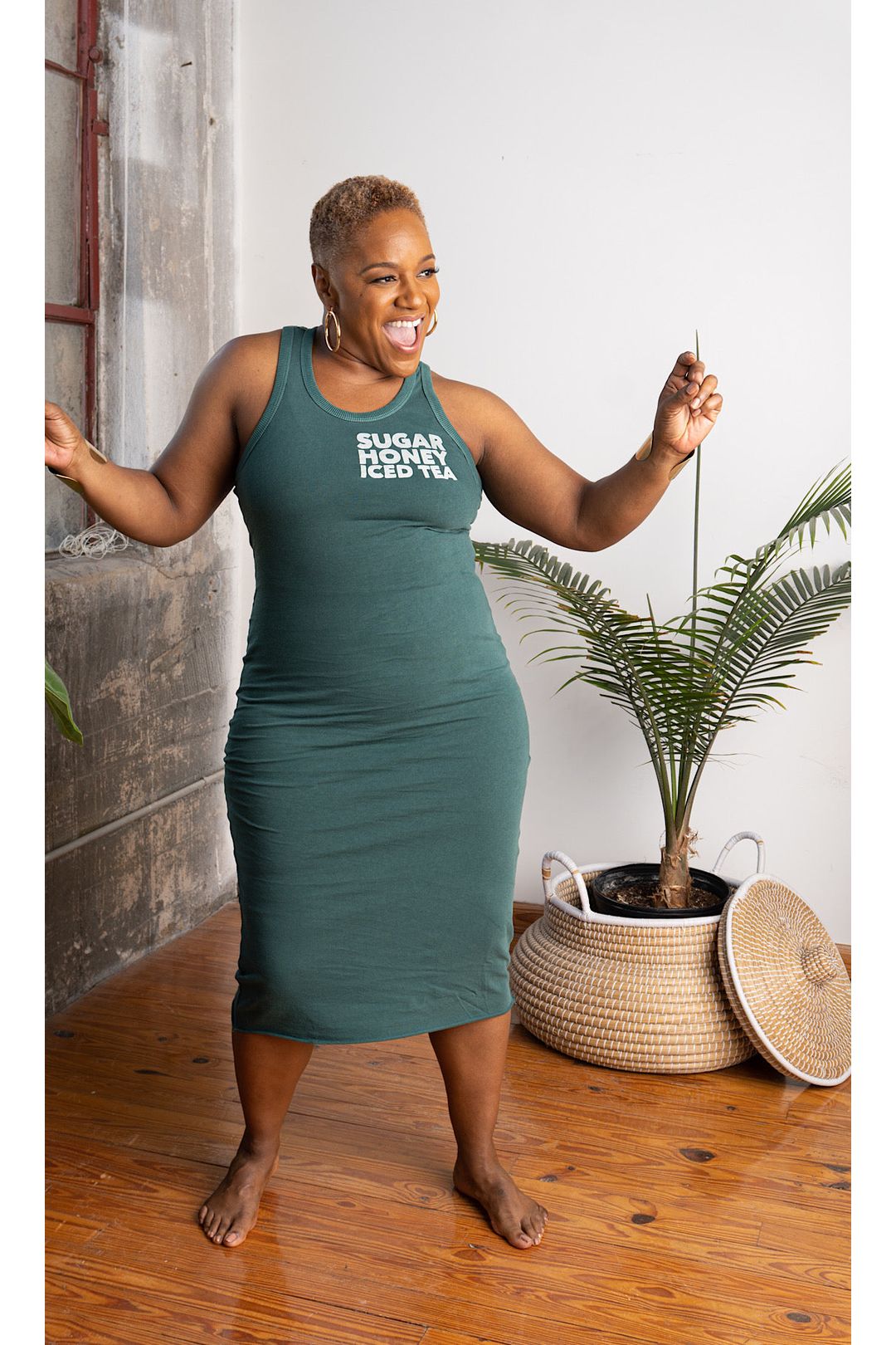 Sugar Honey Iced Tea Tank Midi Dress (Slightly distressed font on the front) sold as is